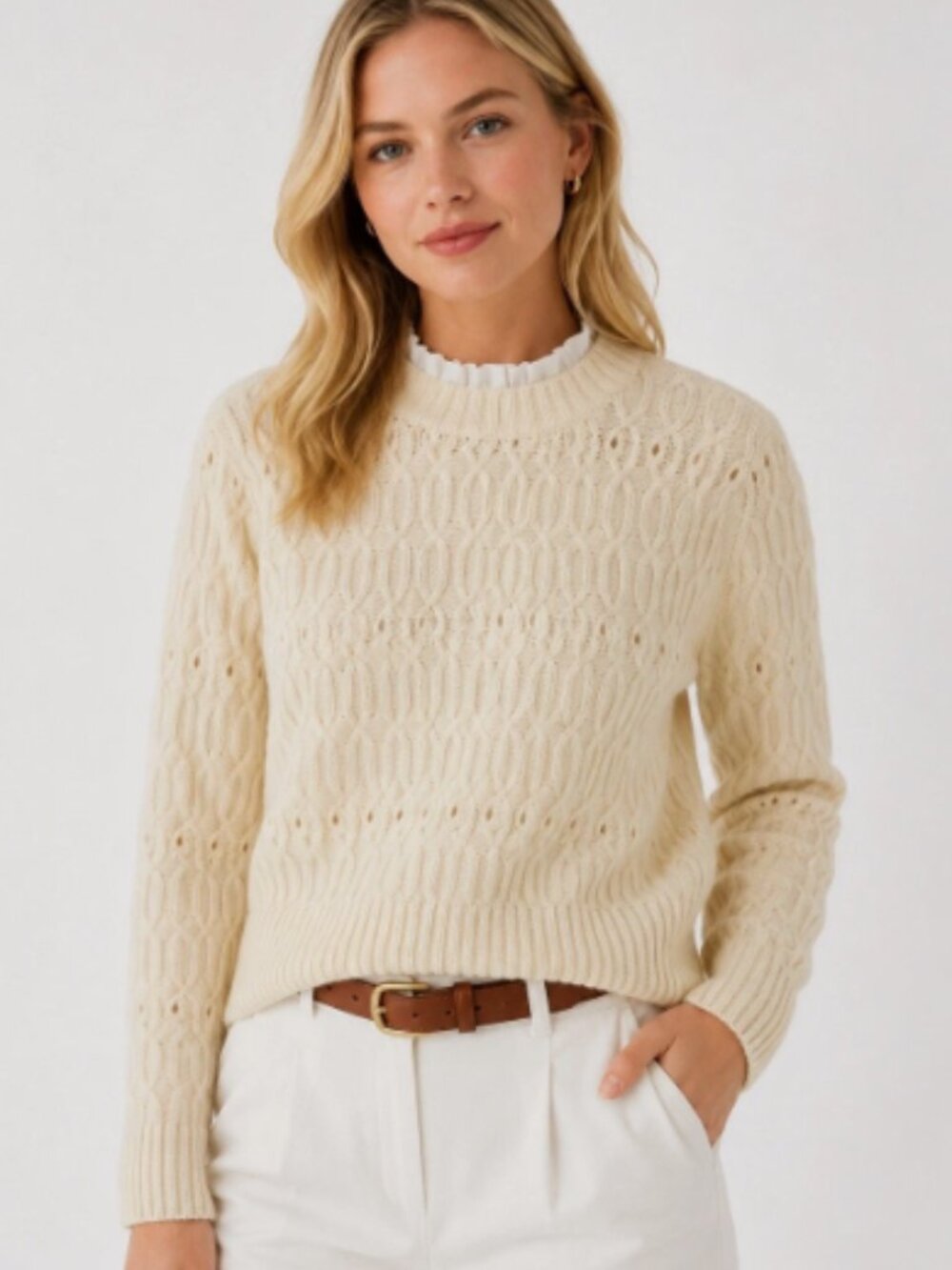 Club Monaco 100% Wool Cable-Knit Sweater with Ruffle Collar — Size S or XS